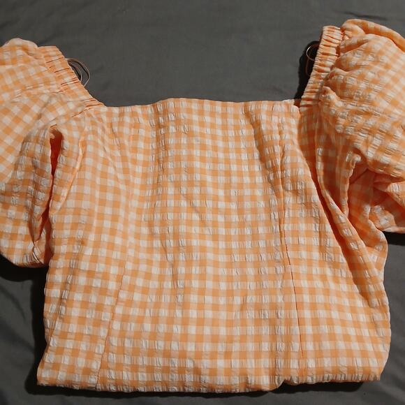 MABLE large peach seersucker gingham short puff sleeve fully lined mini-dress - Picture 12 of 14